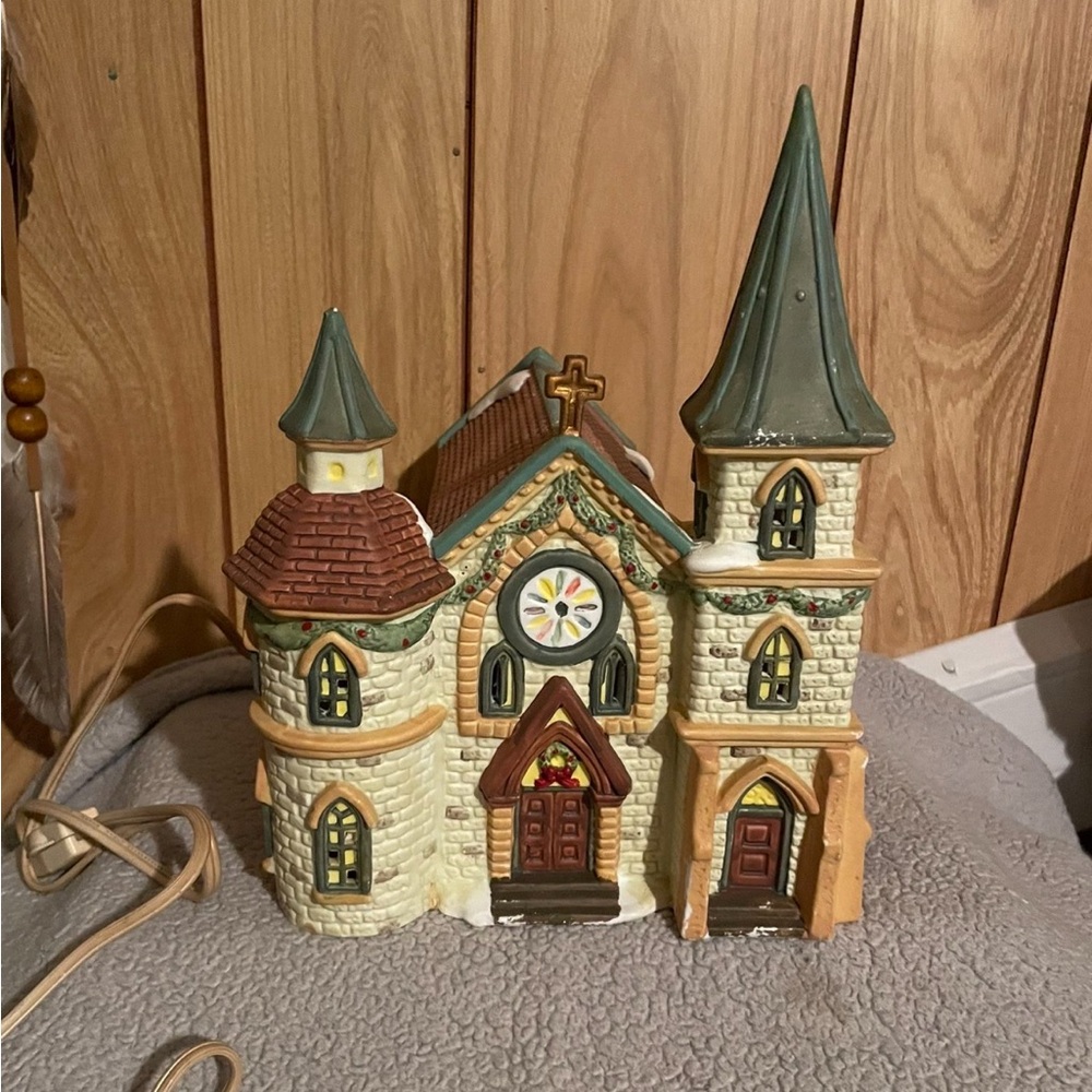 Rustic Village Church Figurine - Green and Brown